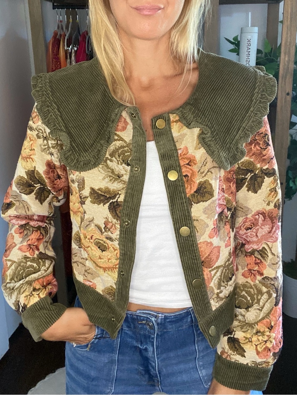 JACQUIE The Label Olive Green Floral Jacket with Corduroy Trim! 🪷